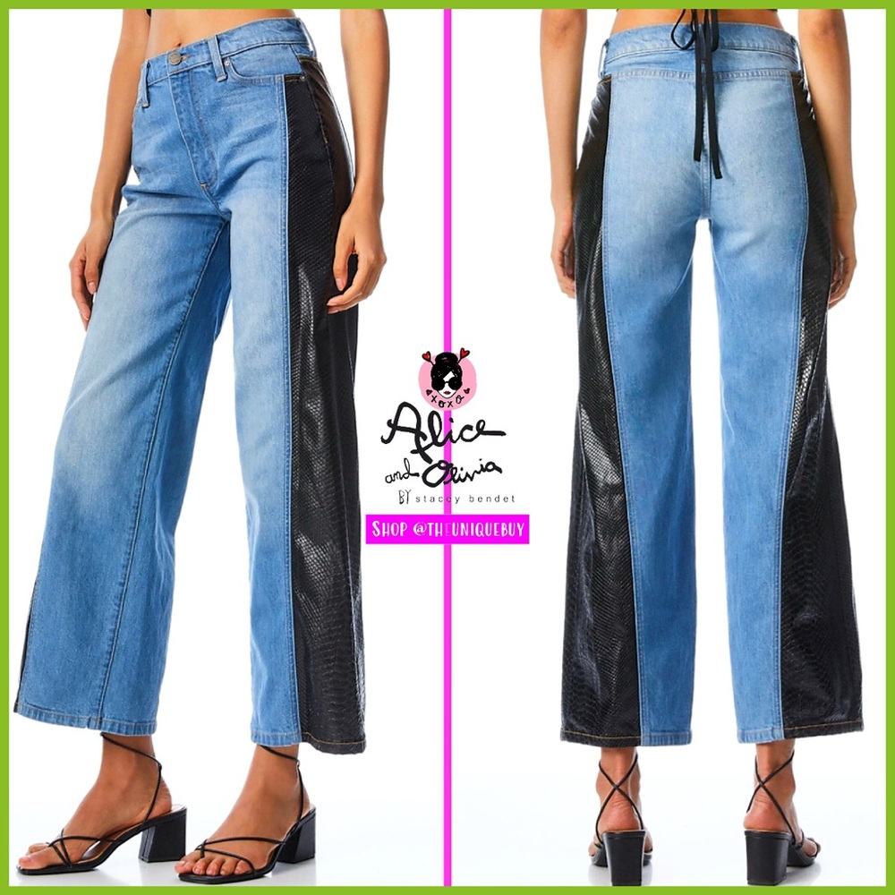 Alice + Olivia Max Vegan Leather Denim Jeans Combo Wide Leg Blue Black Pant - Picture 7 of 17